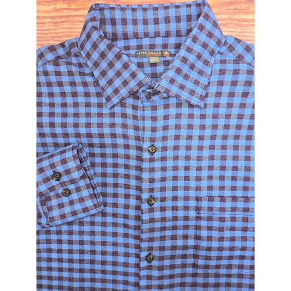 Peter Millar Crown Sport Mens Shirt Large Blue & Brown Checkered - Picture 4 of 7
